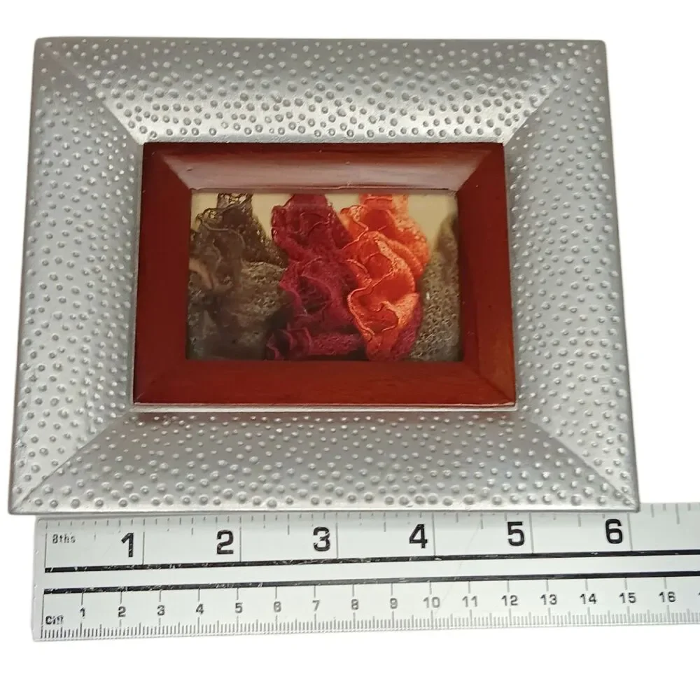 Silver Metal Hammered Pebbled Photo Frame W/ Wood Border 5x6 Photo 2x3 VTG Fetco